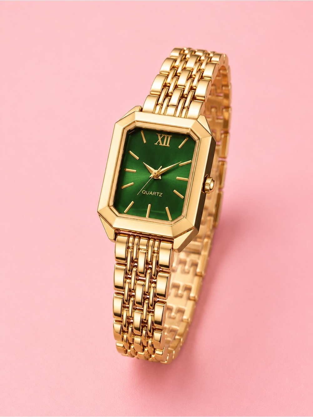 Classic Gold Green Quartz Watch — Green Dial & Linked Bracelet
